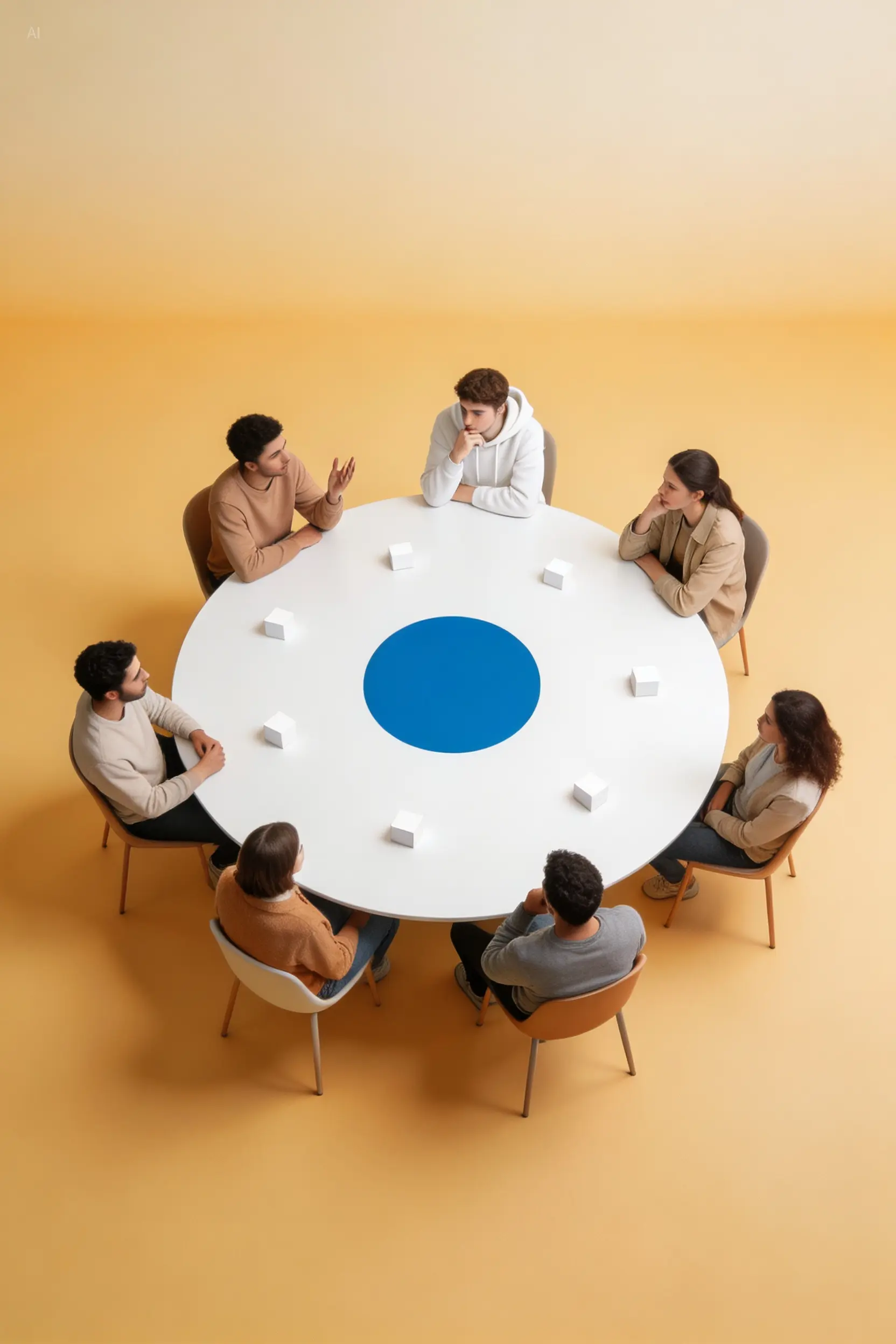 Minimalist style, top-down composition, wide-angle framing, warm color palette, yellow tones. A huge