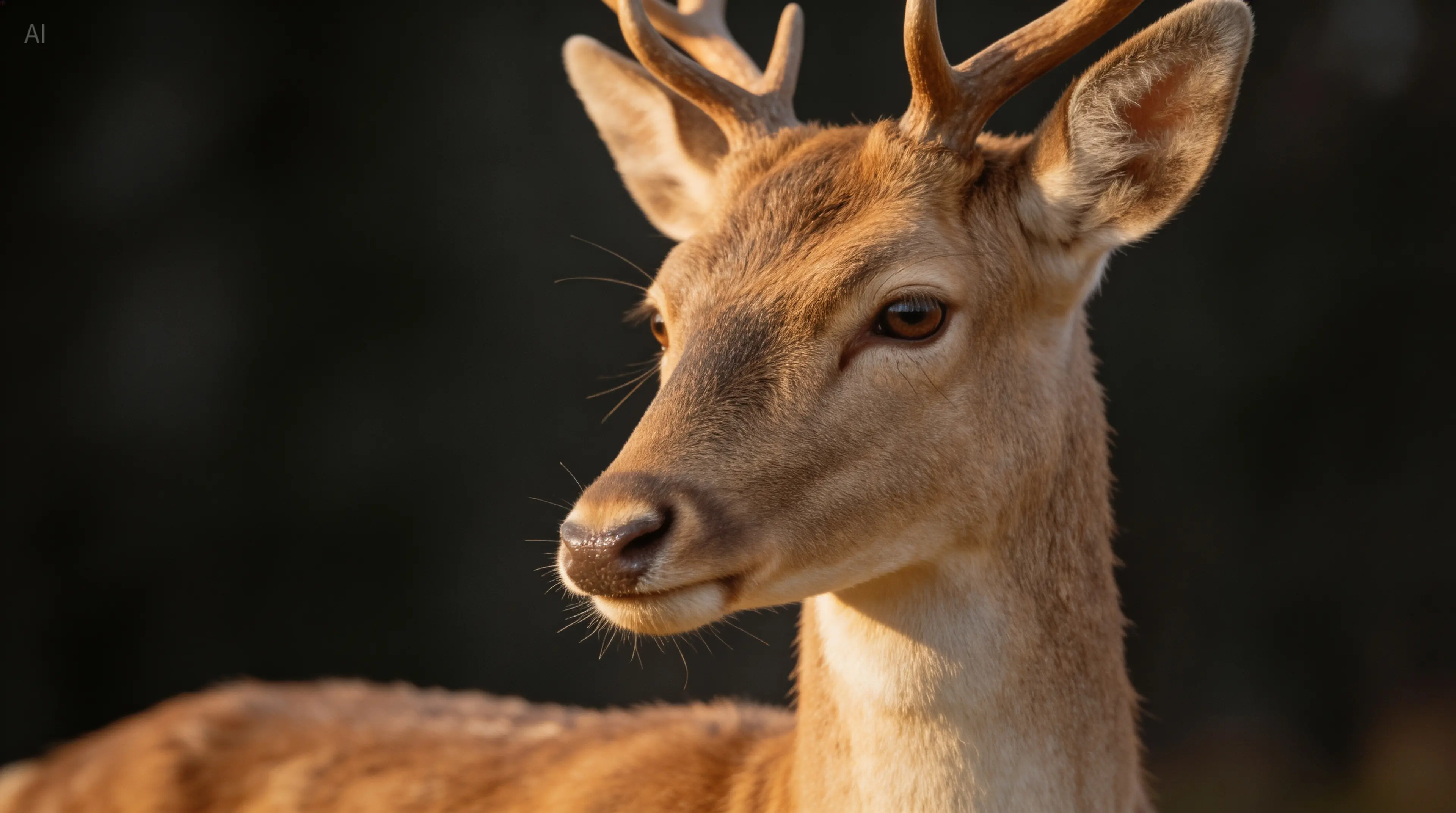 Elegant Deer Portrait, A close-up of a deer with a light brown coat, captured against a dark backgro