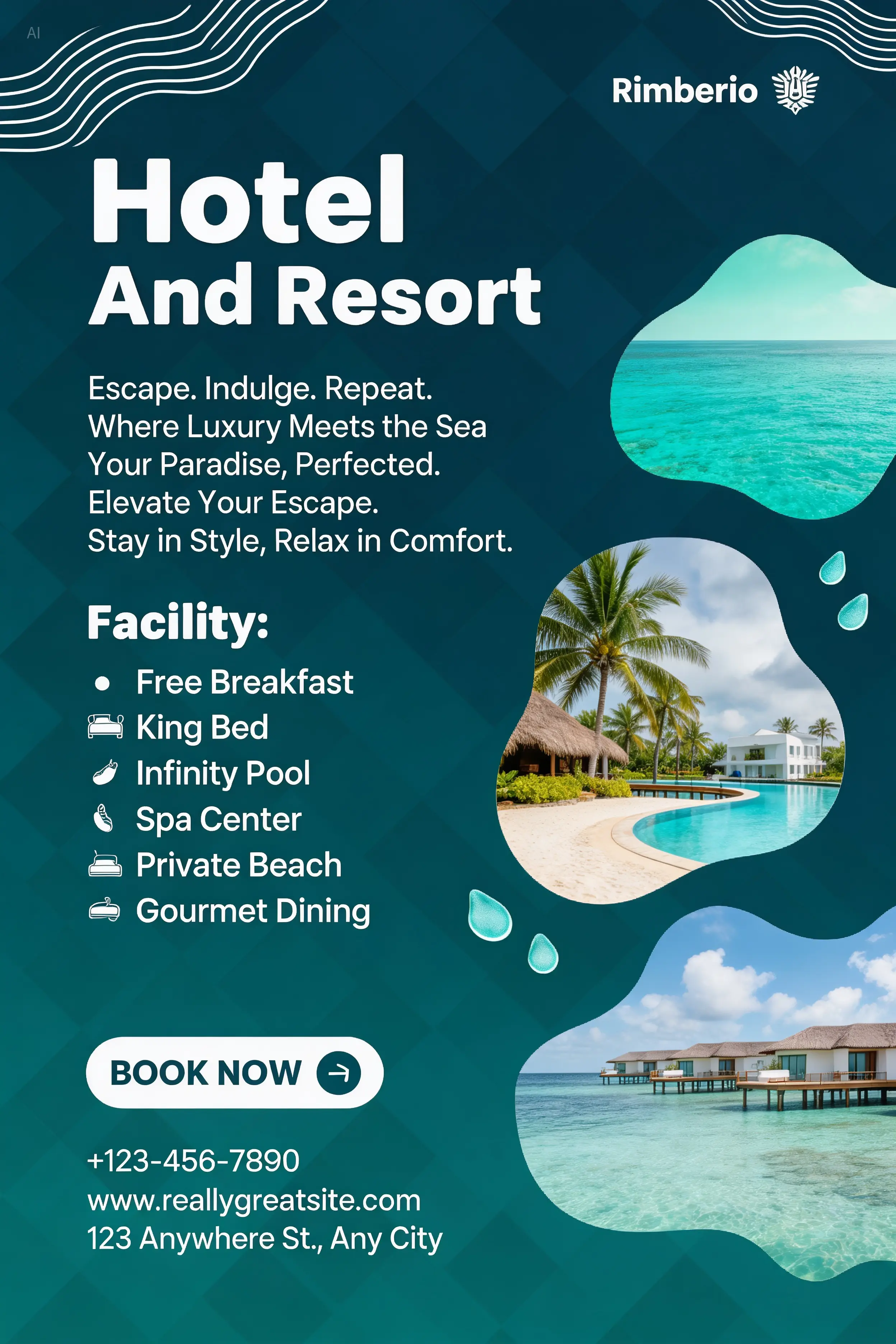 A modern travel hotel and resort promotional flyer/poster layout. Dark navy-teal background with a s
