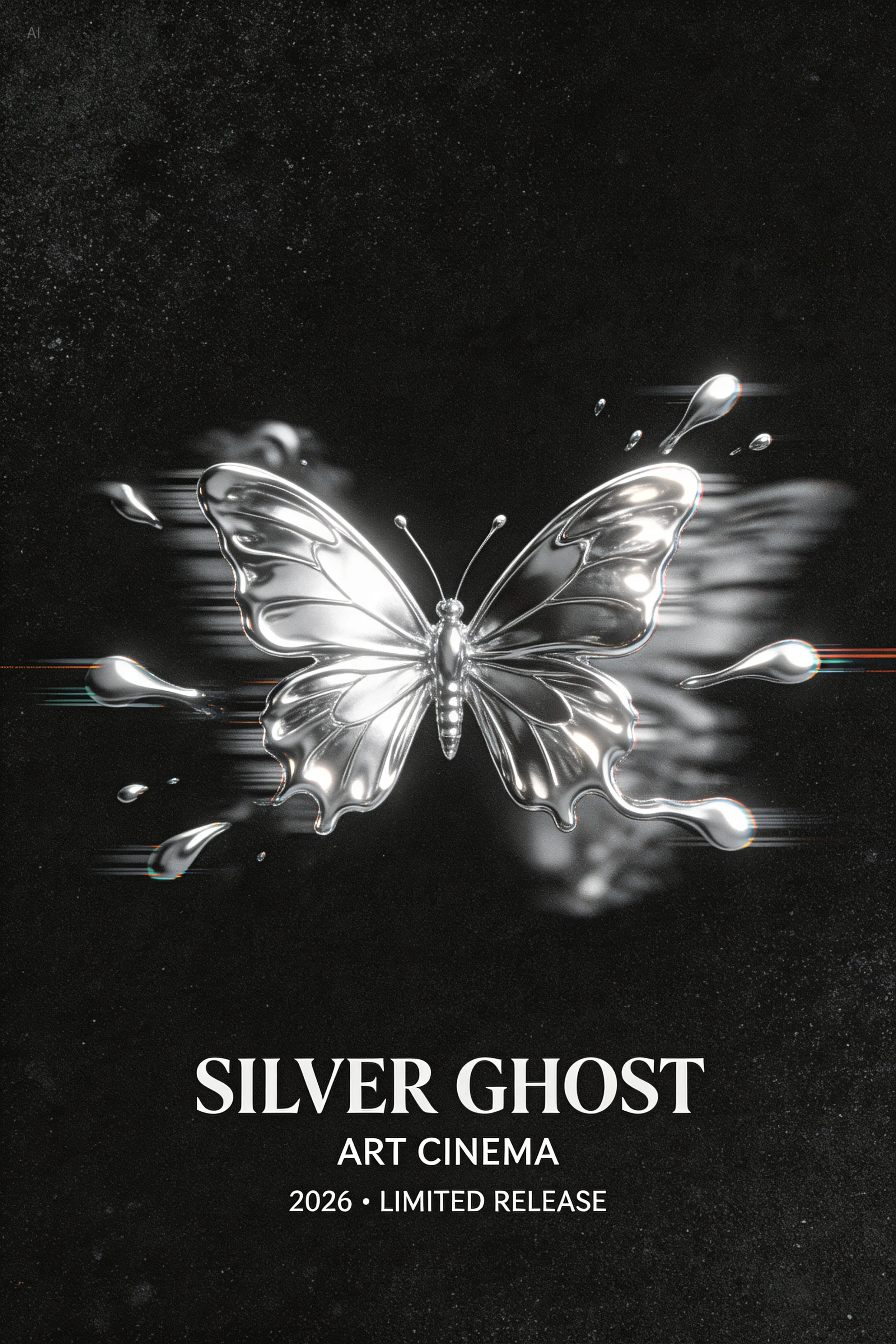 Vintage film grain, liquid silver metal, silver color luster, irregular liquid shape distribution ar