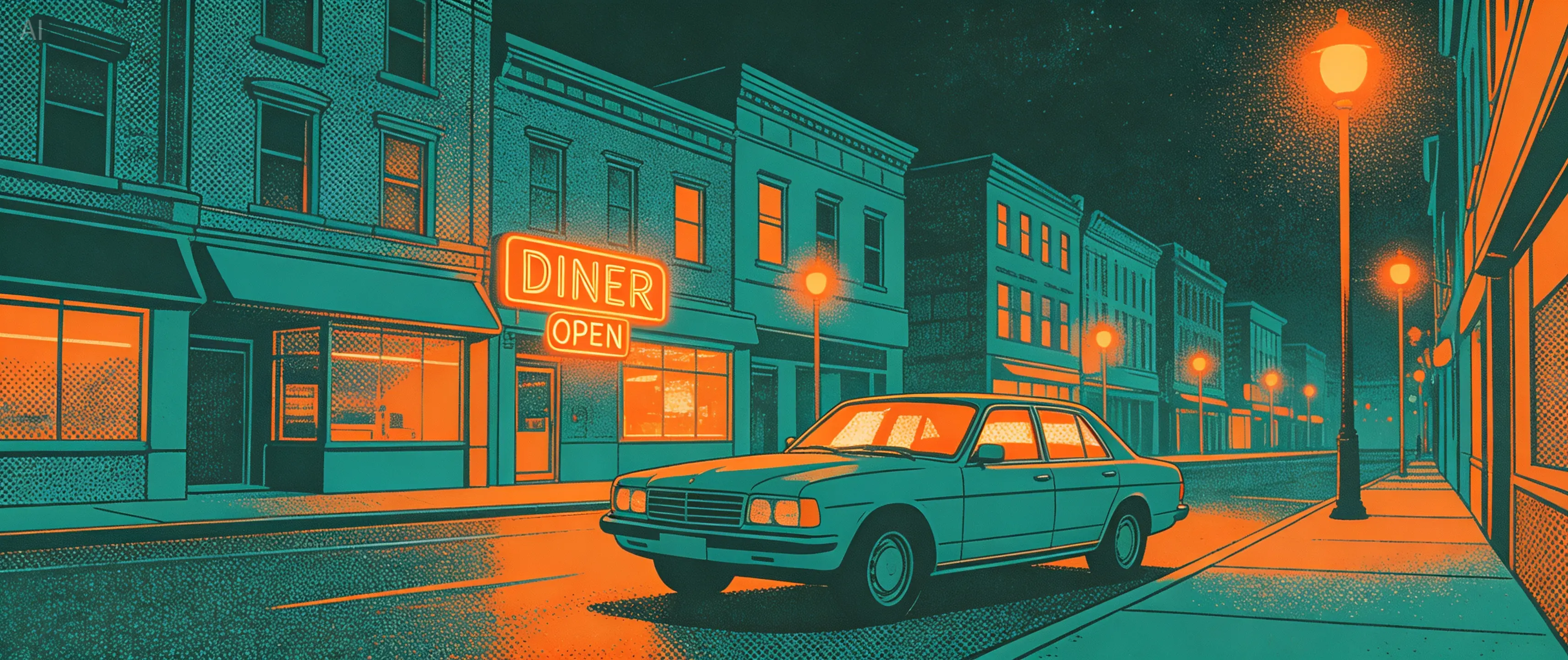Risograph print illustration of a retro city street at night, using only two colors: Neon Orange and