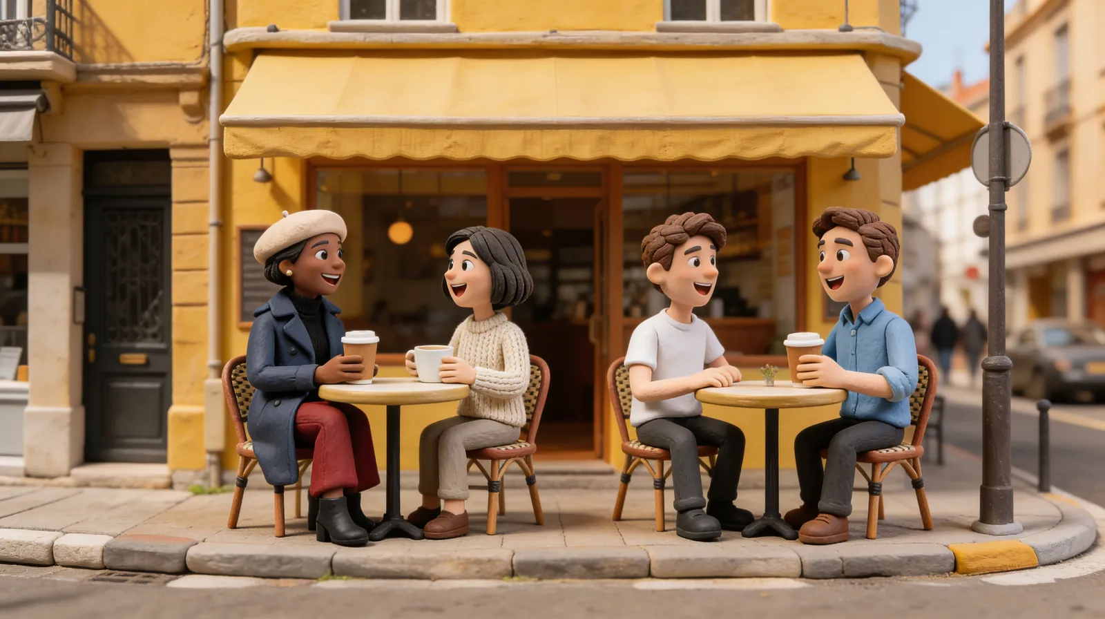 They are sitting and drinking coffee in the scene from Figure 4, two people per table, talking and l