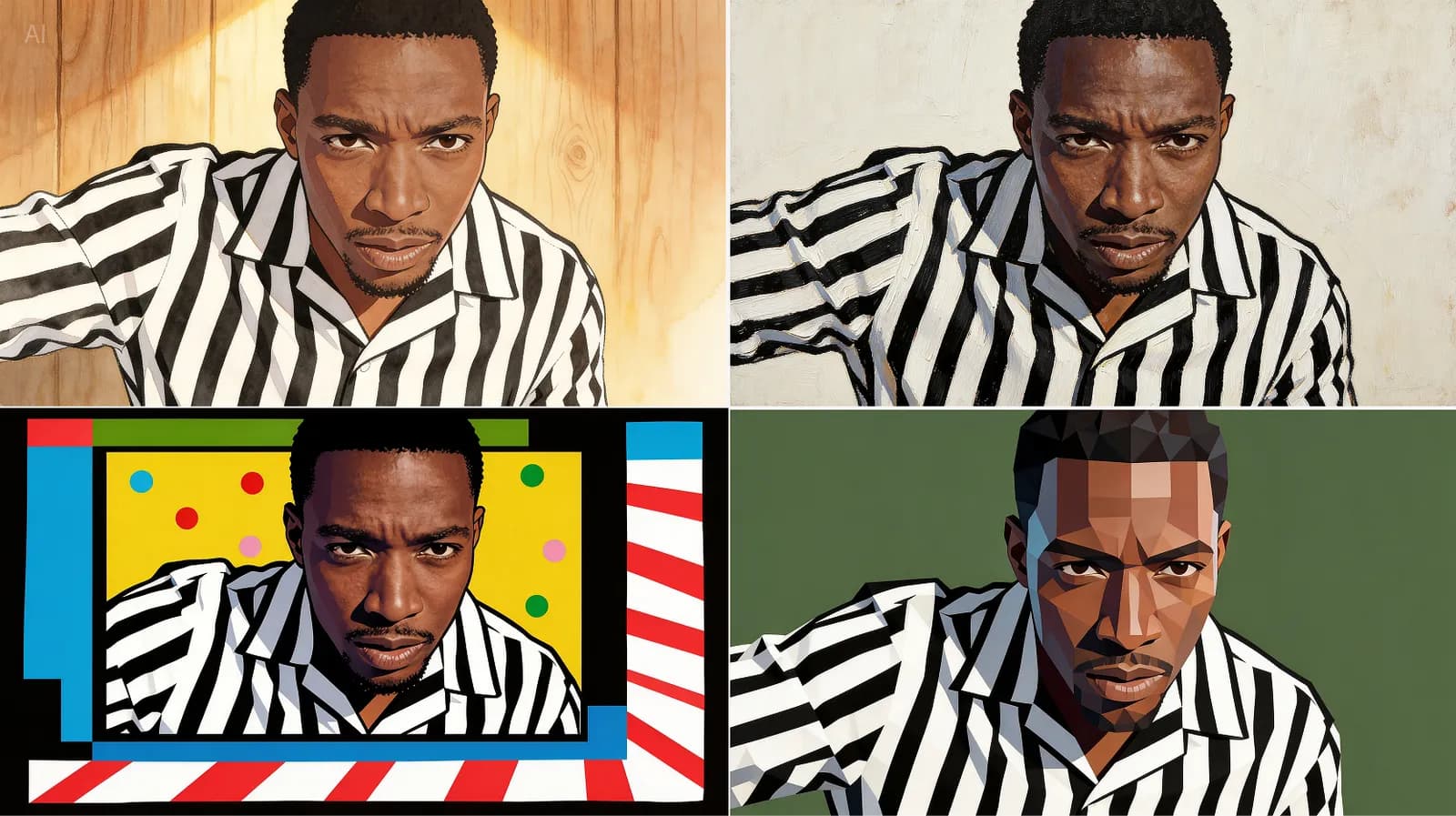 Refer to the four images on the right, apply style transfer to the man, and return four images corre